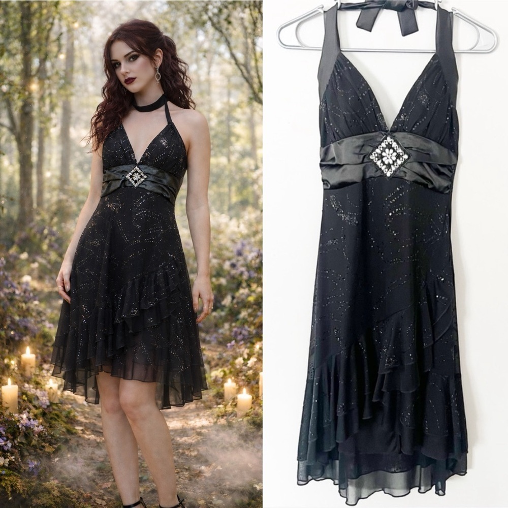 Vintage Y2K Taboo Dark Fairy Babydoll Dress Sparkly Whimsigoth Small Prom Black